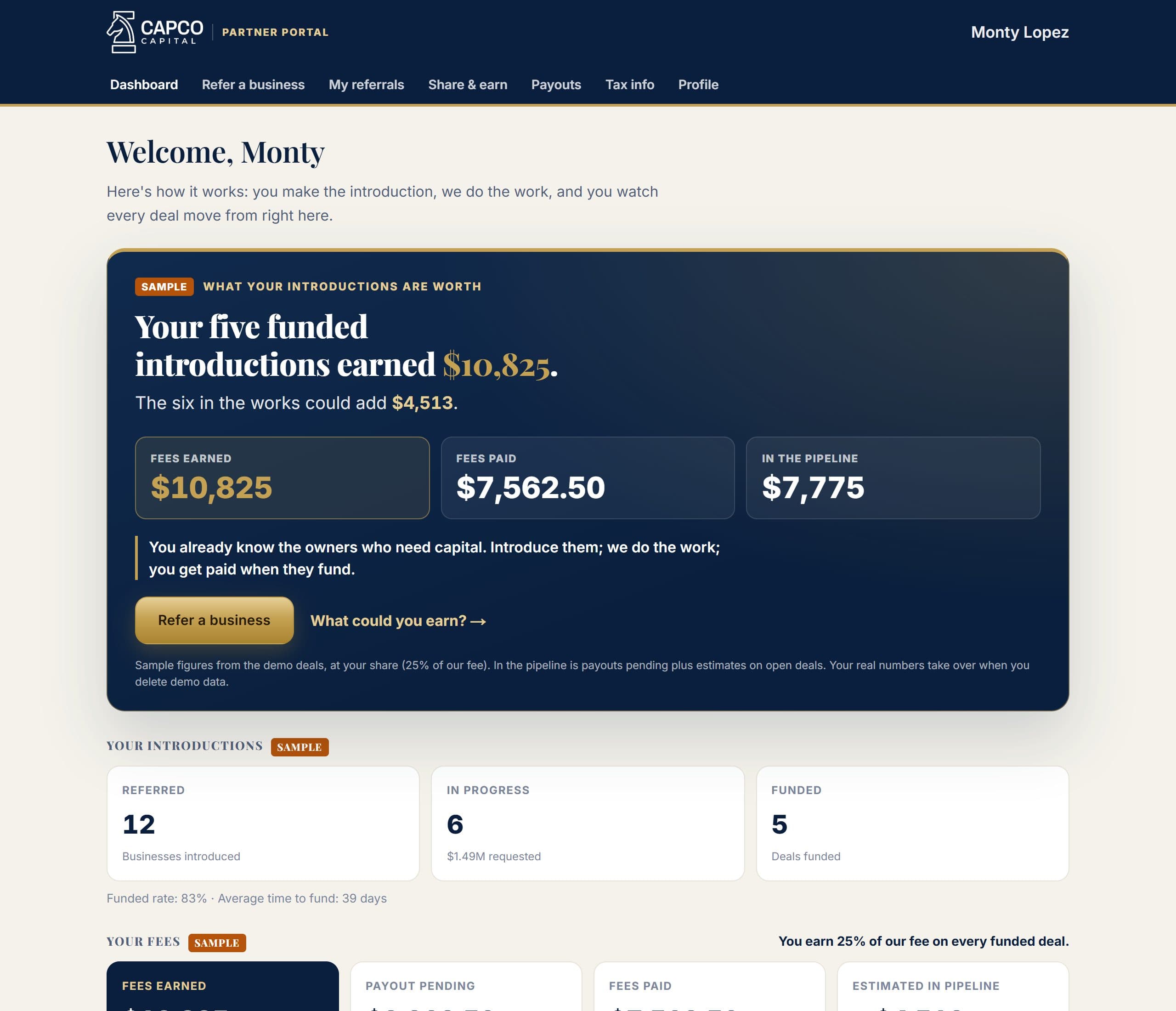 Partner portal dashboard showing sample fees earned, fees paid and the pipeline