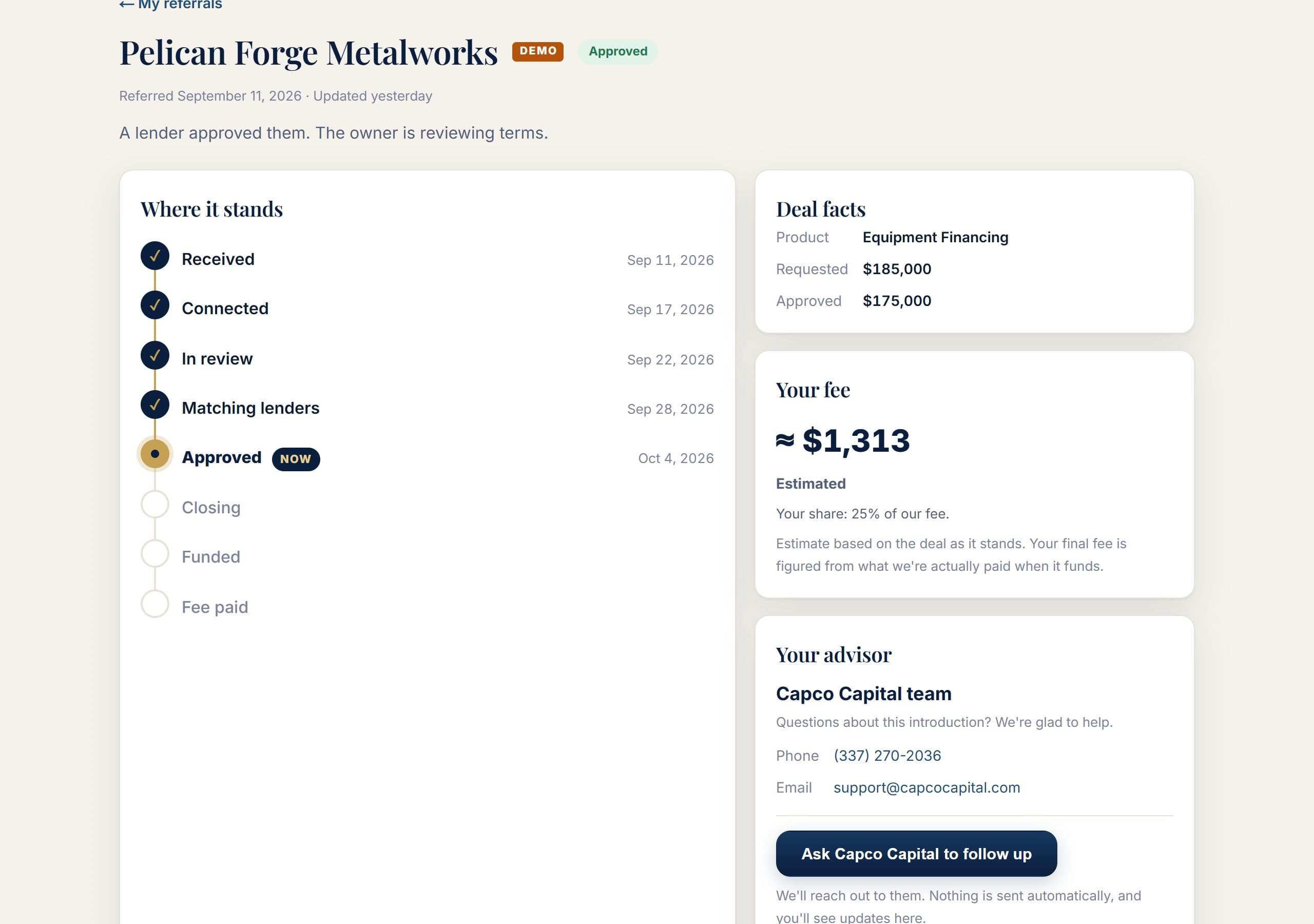A sample deal in the partner portal with its milestone track and estimated fee