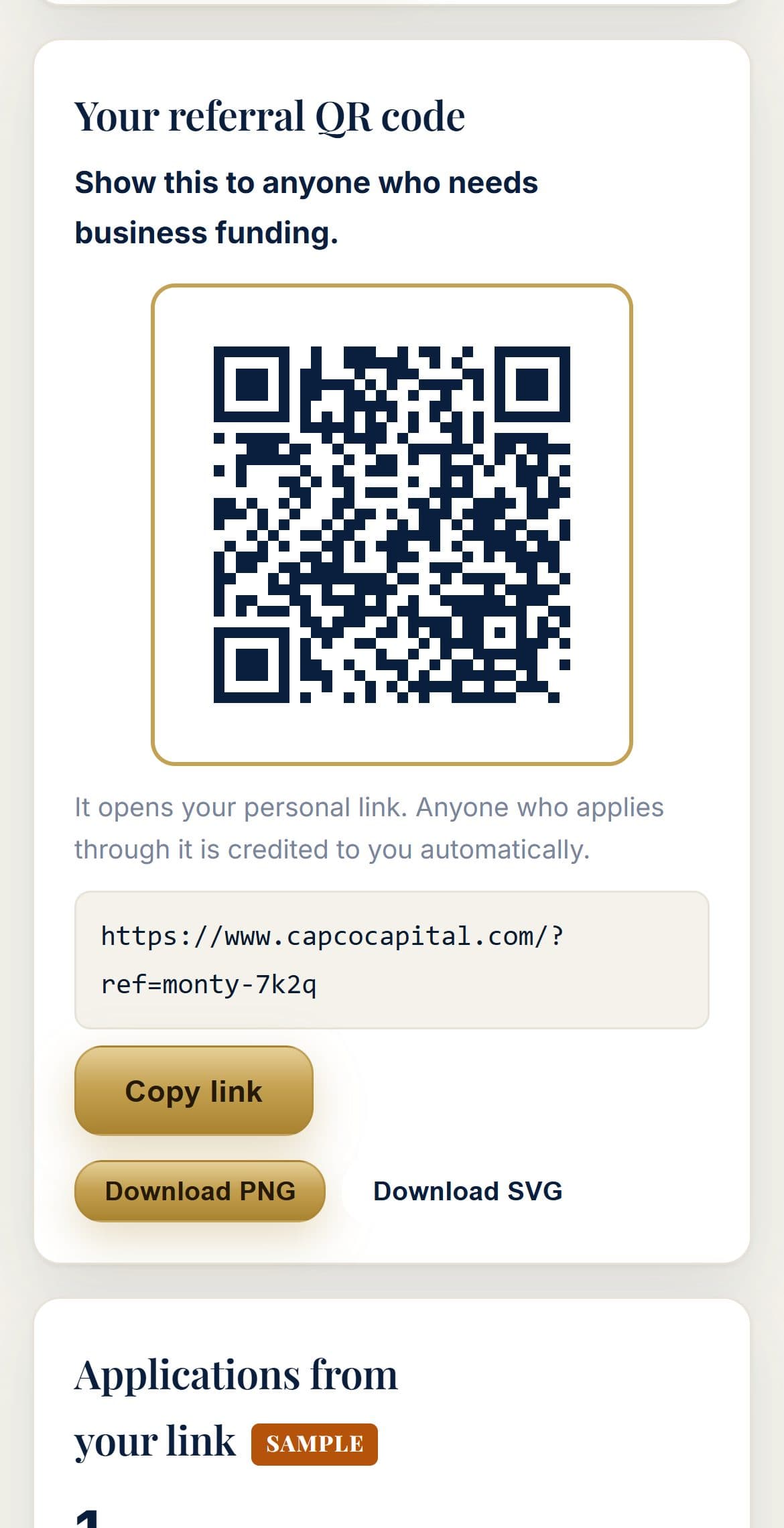 The partner portal on a phone showing the partner's referral QR code