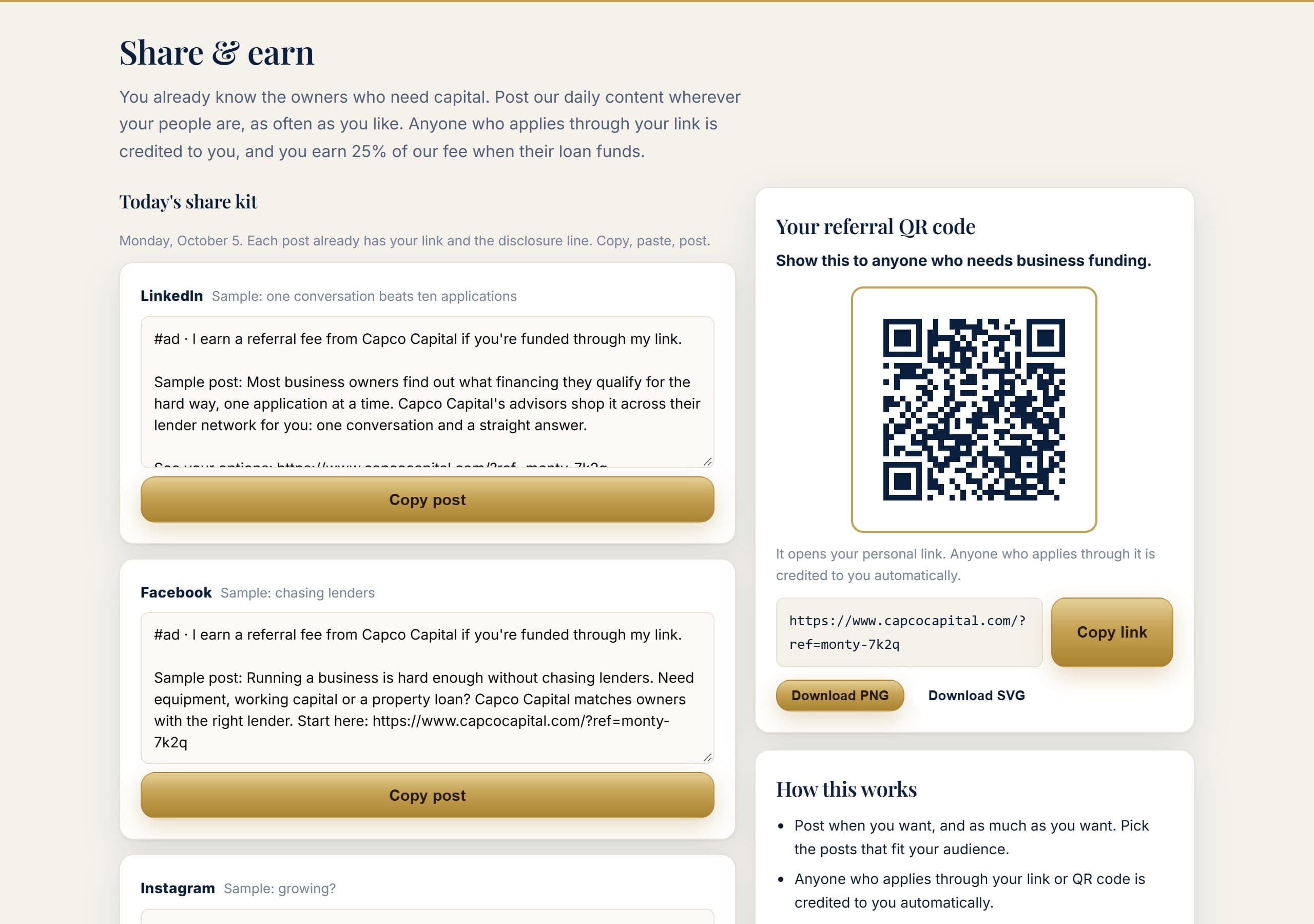 Share and earn page with ready-to-paste sample posts and the partner's QR code