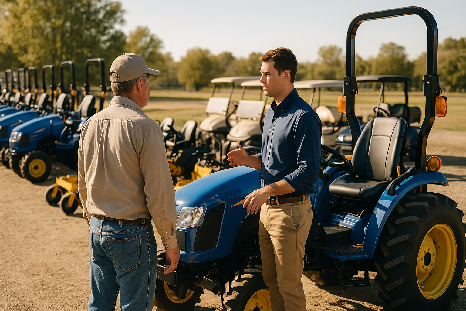 An equipment dealer talks with a customer on the tractor lot