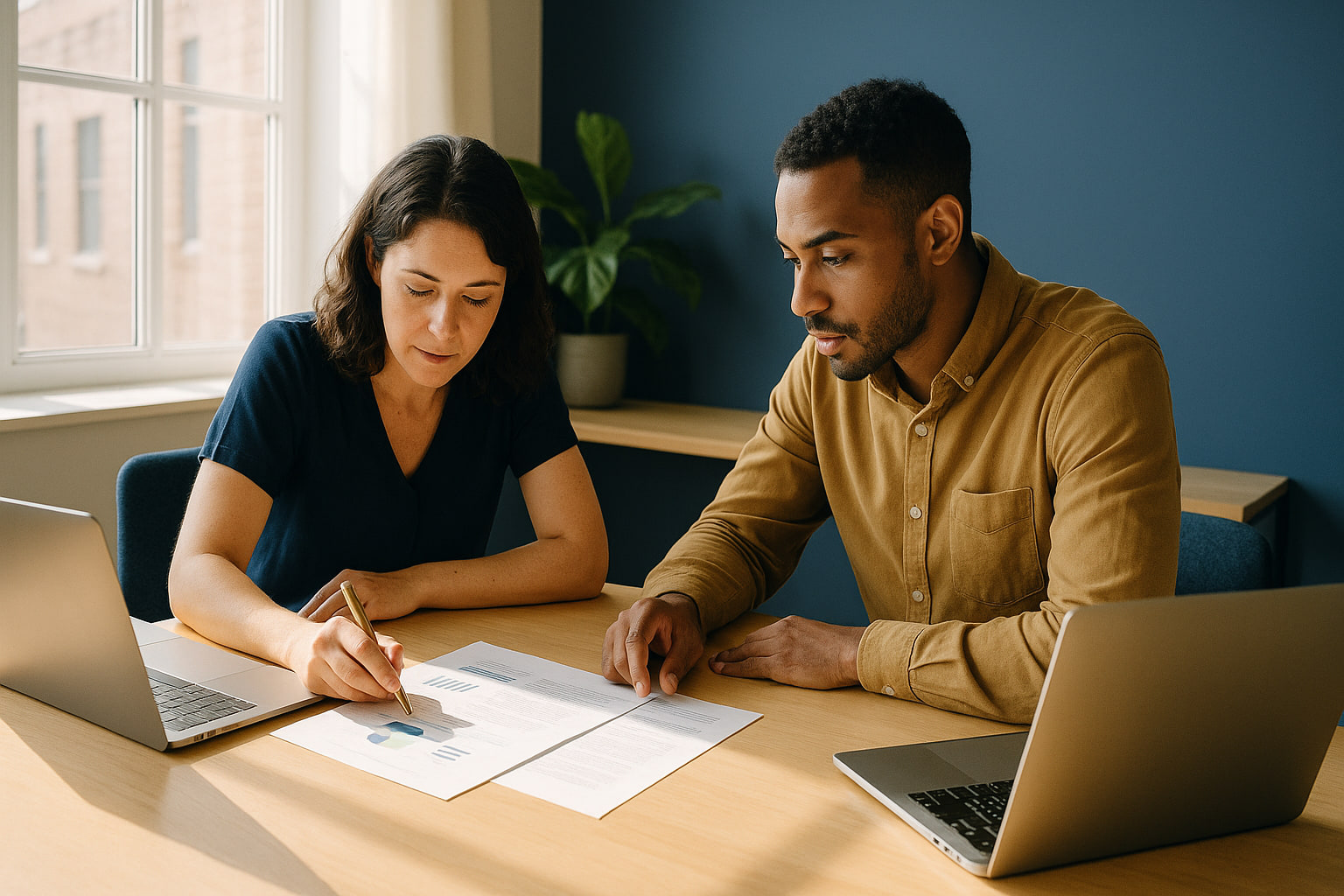 An accountant reviews paperwork with a business client