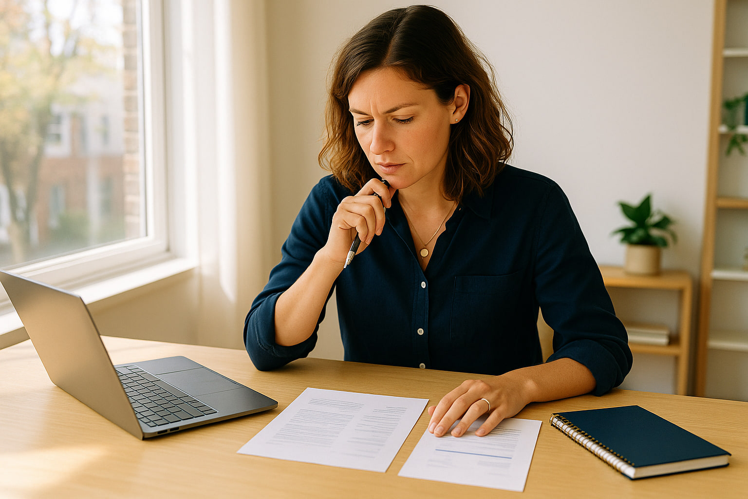 An owner weighing financing options at a desk with a notepad and laptop, warm light