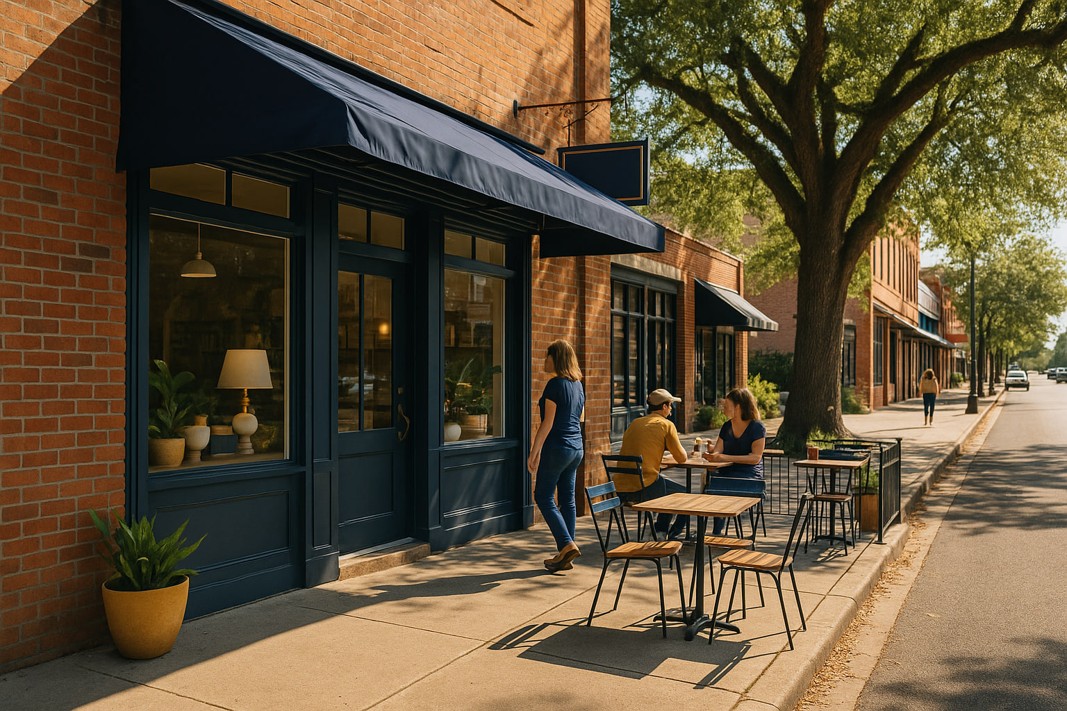 A Main-Street shop owner restocking shelves in warm golden light