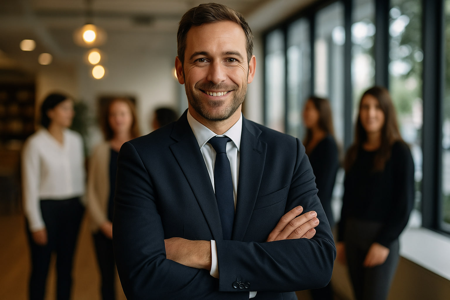 A smiling attorney with arms crossed in a bright office, colleagues behind him