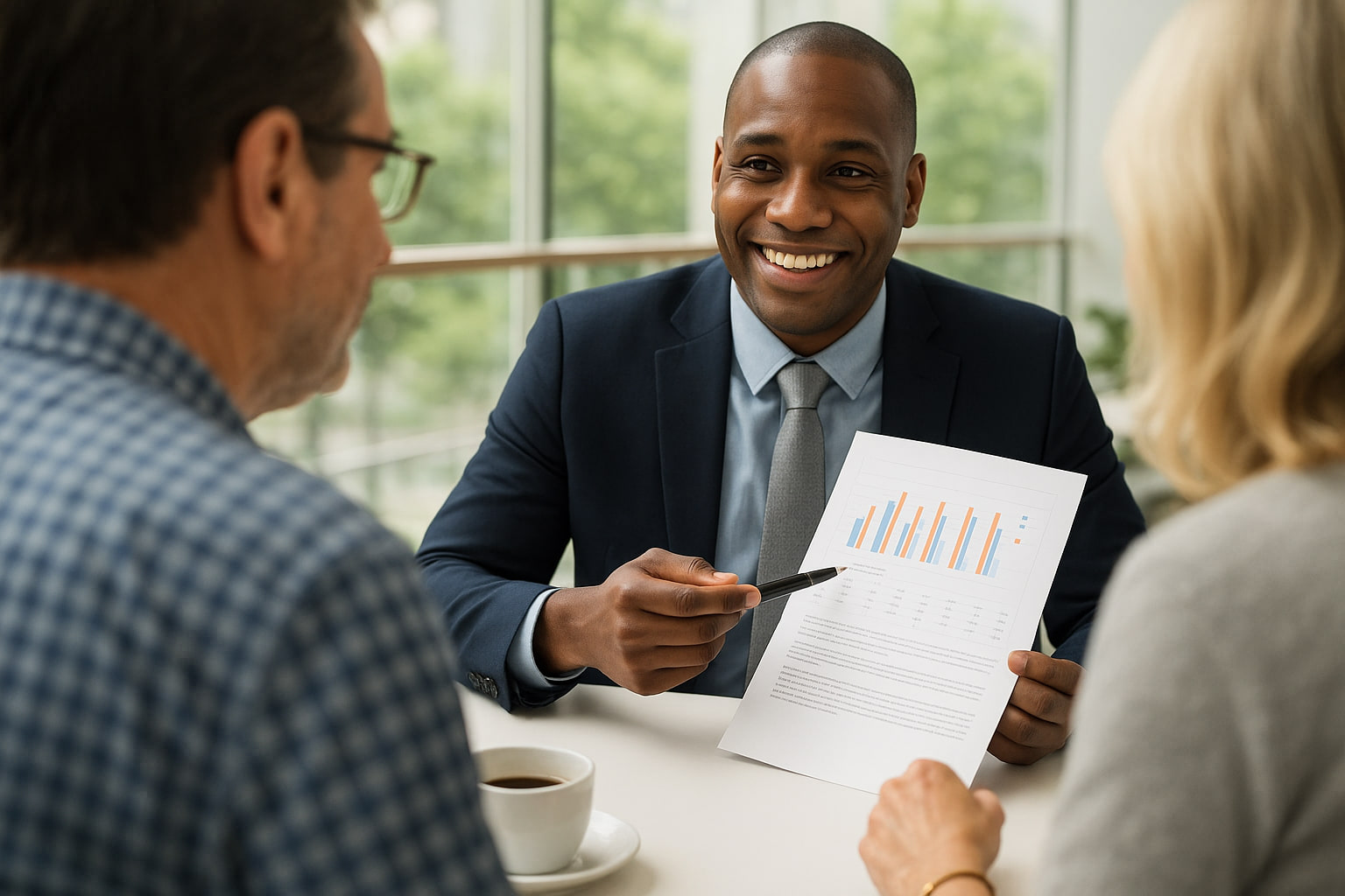 An advisor walks a client couple through a printed financial report